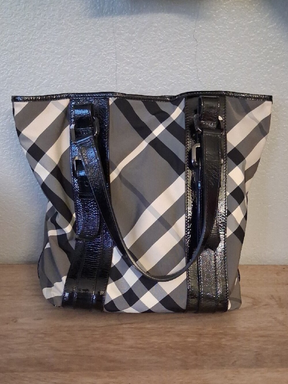 Classic Check Pattern Nylon & Patent Leather Tote Bag in Gray and Black - Picture 2 of 7